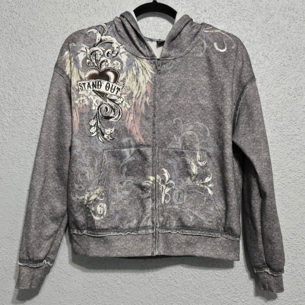 SHEIN Grey Stand Out Graphic Full Zip Hoodie S Y2K Raw Edge McBling Grunge Cyber